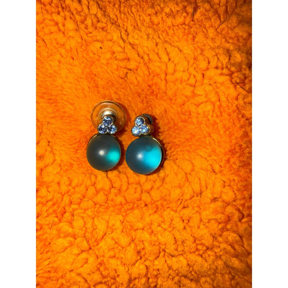 Vintage Style Teal Blue Orb Drop Earrings Rhinestone Cluster Silver Tone Post